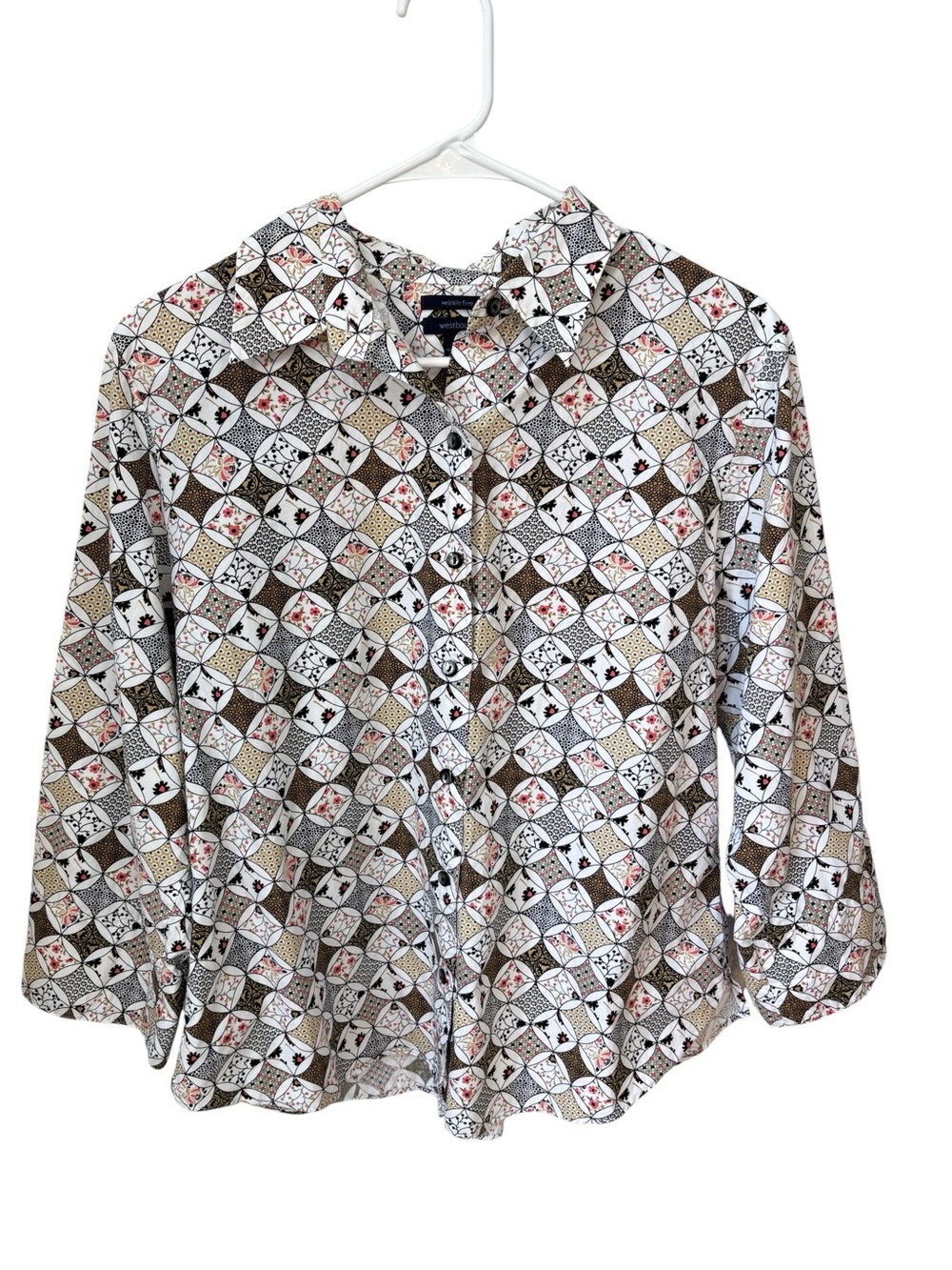 Westbound Wrinkle Free Geometric Top Women’s 14 Cotton Button-Up Office Preppy